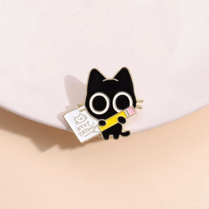 Cartoon Black Cat Enamel Brooch Pin Alloy Metal Inspirational Keep Trying Quote Holding Pencil Badge Accessories