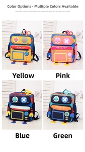 Front view of robot-themed children's backpacks in four vibrant colors for school