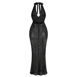 Sparkling black sequin halter evening gown with deep V-neck and slim fit silhouette