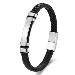 Men's black braided leather bracelet with silver stainless steel magnetic plate