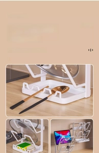 Close-up of multifunctional kitchen pot lid rack with integrated drip tray and hooks