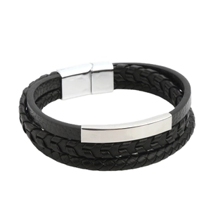 Multi-layer black braided leather bracelet for men with silver metal clasp and ID plate
