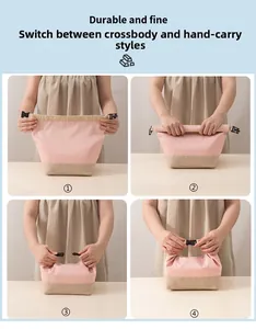Detail showing the 4-step folding process of the pink insulated lunch bag with strap