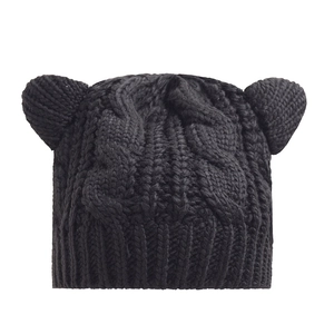 Black cable-knit beanie with cute cat ears design on a clean white background