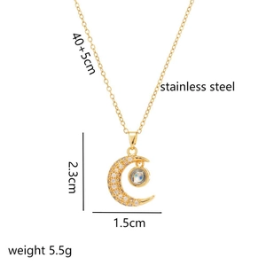 Golden stainless steel crescent moon necklace with zircon stones and 100 languages projection