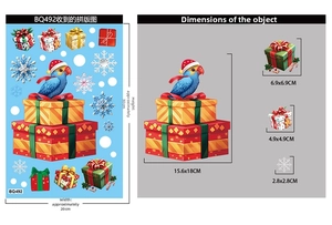 Detailed dimension layout for Christmas window decals showing parrot and gift motifs