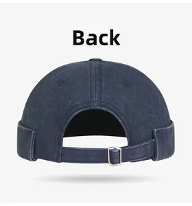 Detail of navy denim docker hat back with adjustable strap and metal buckle