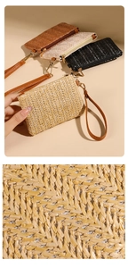 Close-up of woven straw texture and gold zipper detail on portable wristlet pouch