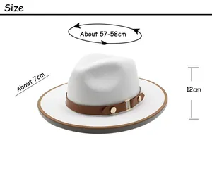Size chart showing head circumference 57-58cm and 7cm brim for white wool fedora hat