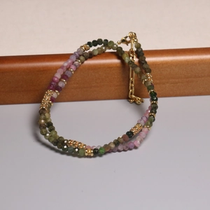 Minimalist 2mm natural tourmaline beaded necklace with gold accents and lobster clasp