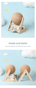 Detail of durable sisal cat scratcher ball with sturdy wooden triangle frame stand
