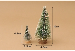 Miniature snowy Christmas trees with wooden bases in 4.4cm and 10cm sizes for DIY decor