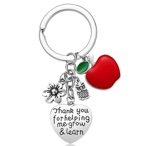 Stainless steel teacher appreciation keychain with red apple and engraved heart tag