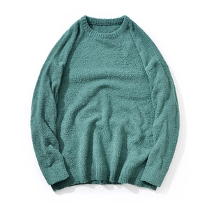 Men's green crew neck knit sweater in textured sherpa fabric on white background