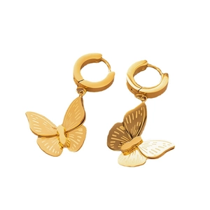 Polished 18k gold butterfly hoop earrings made of titanium steel on white background