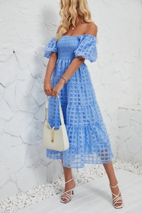 Sky blue off-shoulder tiered dress with smocked bodice and textured plaid fabric