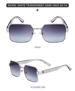 Detailed front and side views of square metal sunglasses with nickel white frames