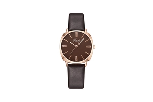 Detailed macro of a women's square quartz watch with rose gold case and brown leather strap