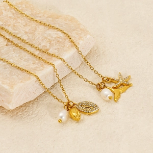 Double-layer gold titanium steel necklace with pearl shell and starfish pendants