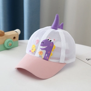 Detailed view of breathable pink mesh baseball cap with purple 3D dinosaur horns and embroidery