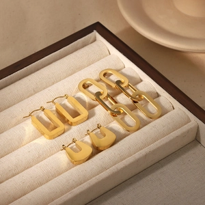 Three pairs of 18K gold plated stainless steel geometric chain and hoop earrings set