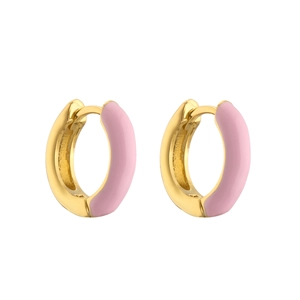 Golden hoop earrings featuring delicate pink enamel coating for a minimalist floral look