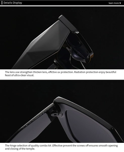 Macro detail of UV400 lenses and reinforced hinges on modern black minimalist sunglasses
