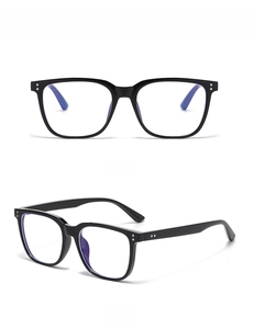 Dual-angle view of black square frame glasses showing anti-blue light lens coating