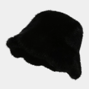 Detailed close-up of soft black faux fur texture on a warm winter bucket hat