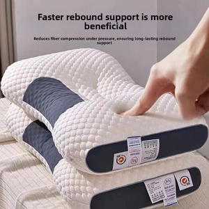 Close-up of ergonomic knit massage pillow with SGS certification tags and high rebound detail