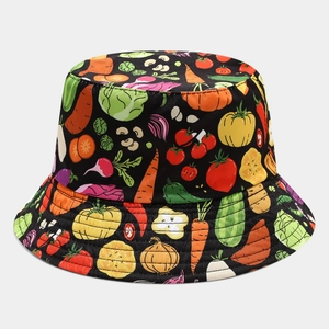 Detail showing high-quality stitching and colorful vegetable print on a black bucket hat