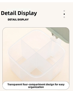 Detailed view of 4-compartment clear condiment box with light green flip lid and spoons
