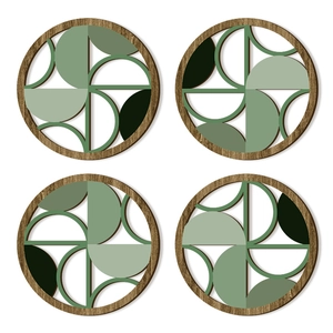 Set di quattro decorazioni murali tonde in legno con motivi geometrici astratti verdi