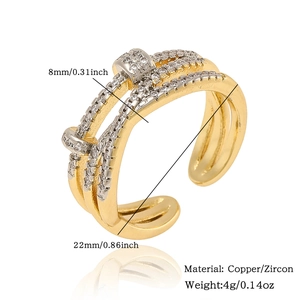 Close-up of geometric zircon-encrusted multi-layer copper ring with size dimensions