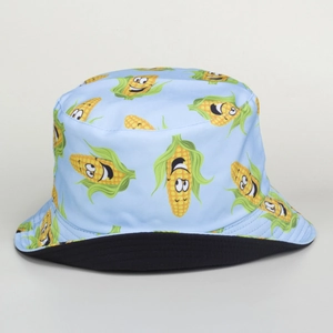 Reversible bucket hat with light blue cartoon corn pattern and black inner lining