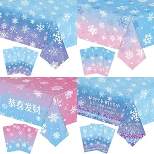 Snowflake Disposable Tablecloth Plastic Waterproof Gradient Winter Christmas Party Rectangle Table Cover Decorative