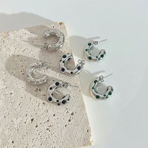 Minimalist C-shaped titanium steel hoop earrings with sparkling rhinestones in three colors