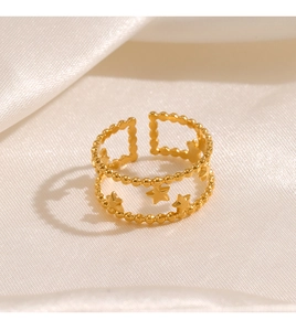 Macro detail of 18K gold plated double-layer star ring on soft cream silk background