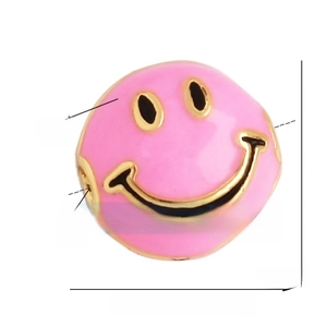 Pink enamel smiley face bead with gold edging, size 10mm diameter for DIY jewelry making