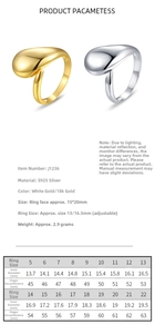 Size chart for 925 sterling silver geometric water drop rings with inner diameter metrics