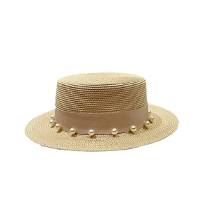 Chapeau canotier vintage français avec perles et paille tressée pour protection solaire