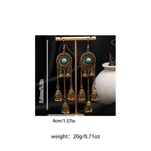 Detailed size view of antique gold bohemian tassel earrings with blue beads and bells