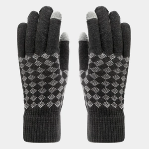 Detail of dark grey knit gloves with light grey argyle pattern and touch screen fingertips