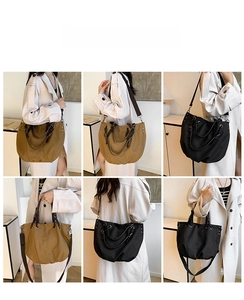 Detailed views of multi-way canvas tote bag in khaki and black with leather handles