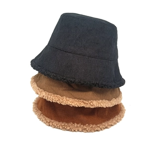 Corduroy Bucket Hat With Faux Lamb Wool Trim Warm Thickened Winter Fisherman Basin Cap For Men Women Retro Casual Style