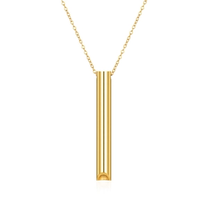 Detailed view of the mirror-polished golden cylindrical whistle pendant on a fine chain