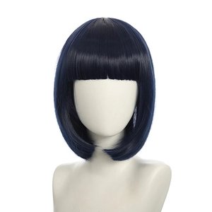 Detail view of smooth dark blue short bob wig with neat bangs on a mannequin head