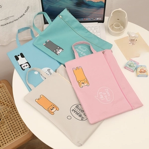 Close-up of four colorful Oxford fabric A4 file bags with cute cartoon animal designs