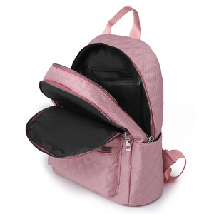 Mochila acolchada rosa con almacenamiento multicapa ligero y diseño antirrobo