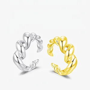 925 Sterling Silver Twisted Croissant Open Ring Adjustable Braided Liquid Metal Texture Minimalist Chic Jewelry For Women